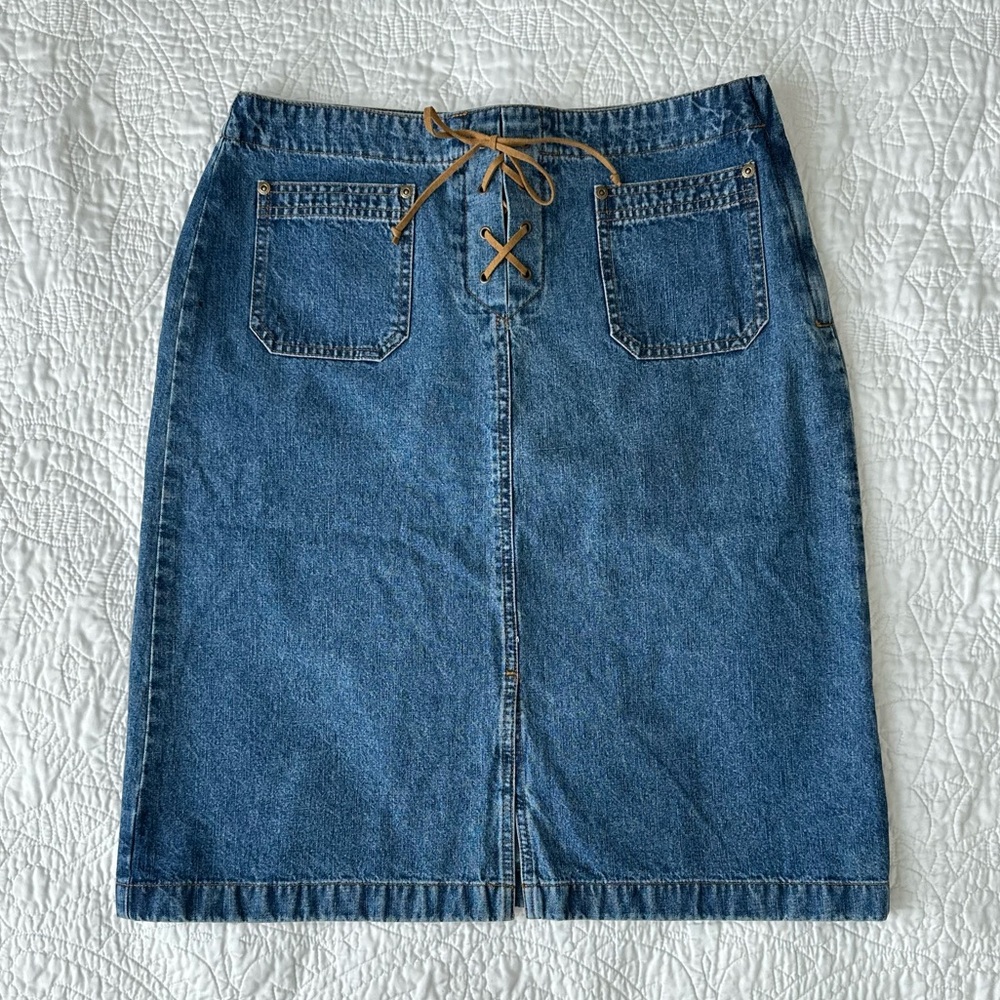 Covington Denim Knee Length Pencil Skirt with Suede Lace-Up Detail